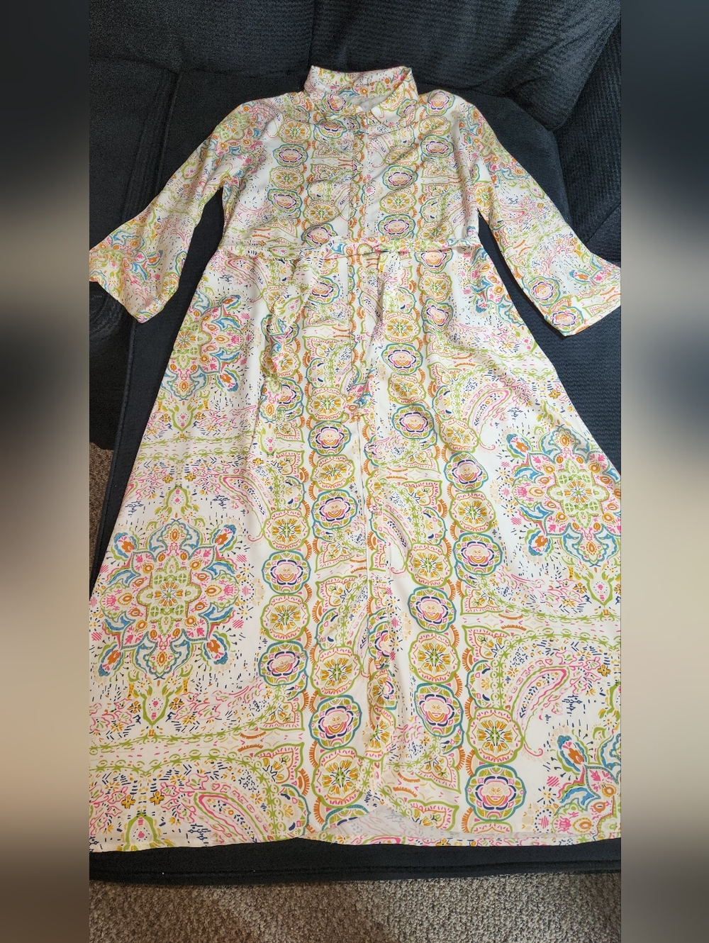 Long Sleeve Button Front Easter Dress With Tie Vibrant Spring Colors Size Large
